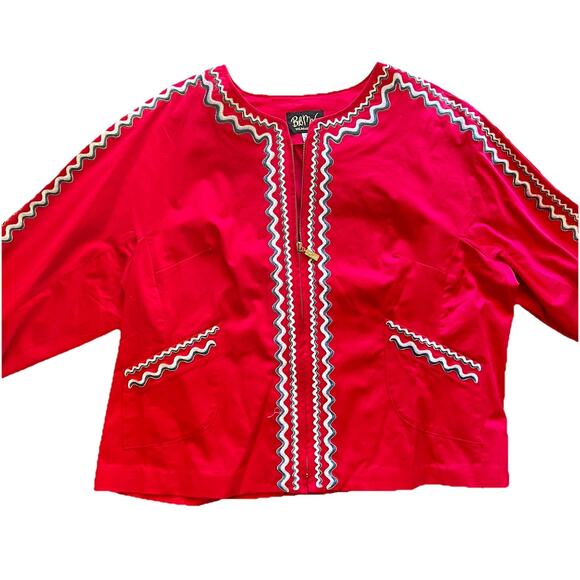 Bob Mackie Wearable Art QVC red collarless embroidered full zip jacket Sz 1X - Picture 1 of 9